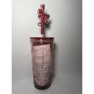 Starbucks 2025 Holiday Pink Snow Glass 18oz Cold Cup Silicone Bow Topper BNWT